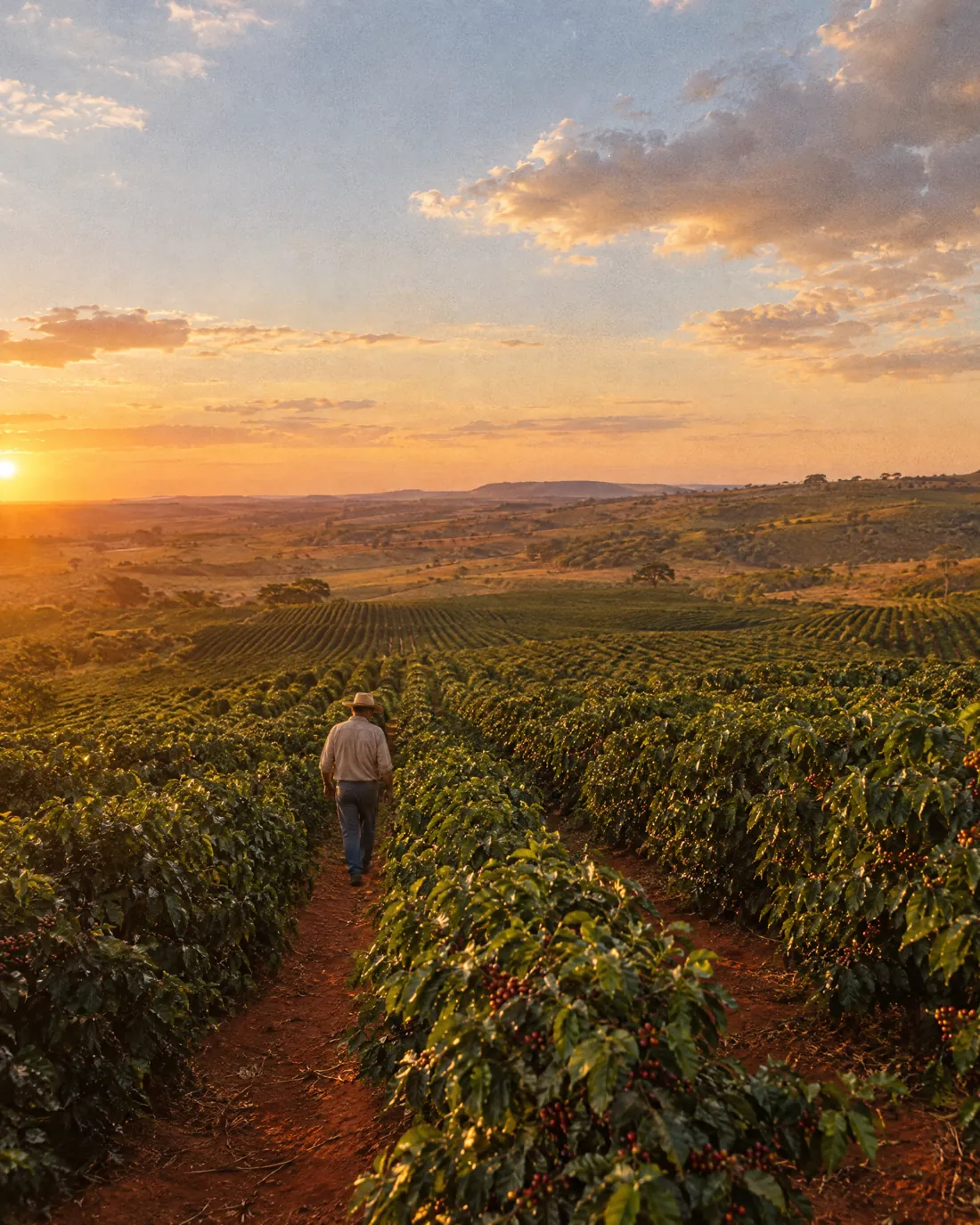 Golden hour over the coffee rows of the Cerrado Mineiro, Brazil.