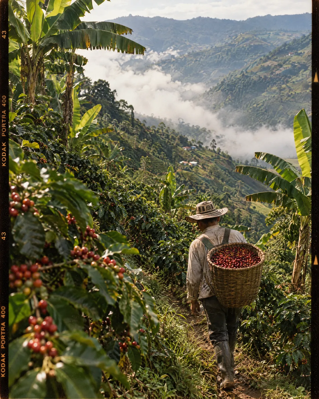 Carrying the morning's pick down a mountainside path in Huila.