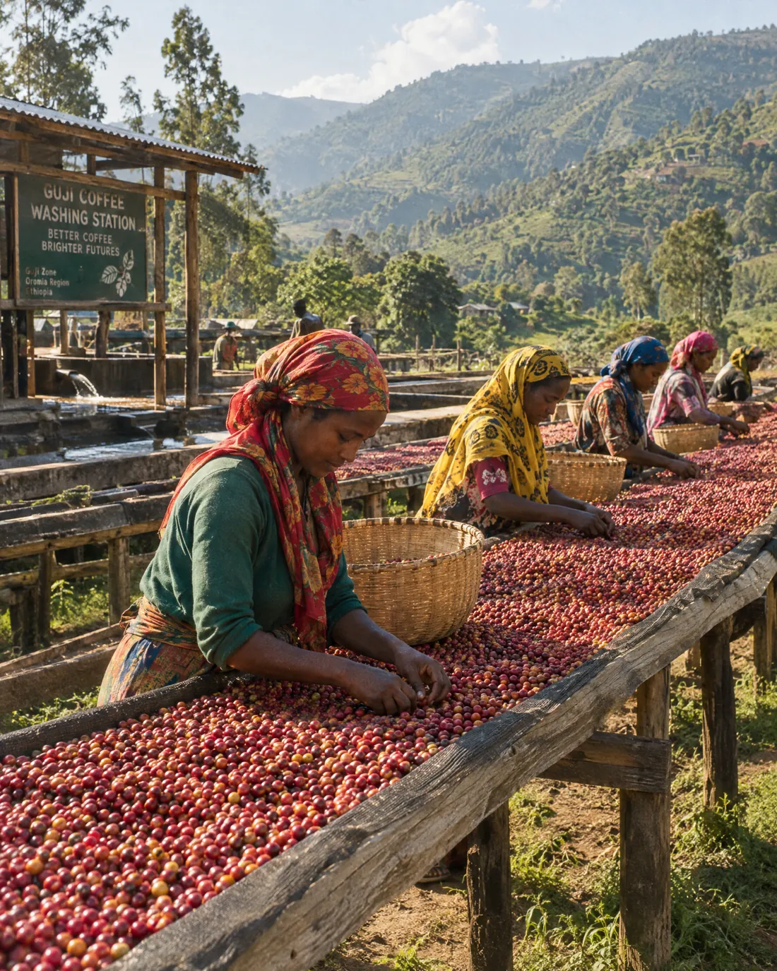 Hand-sorting cherries on raised African beds at a Guji washing station.